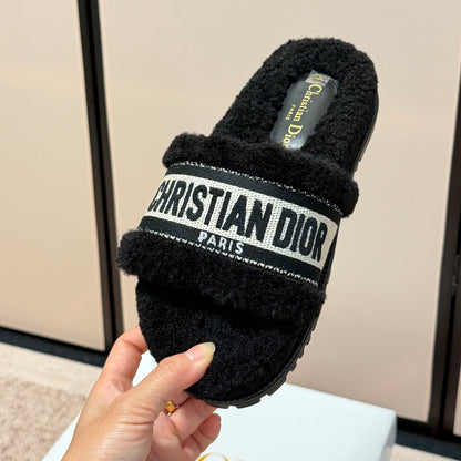 Shearling Canvas Embroidered Slides - Black