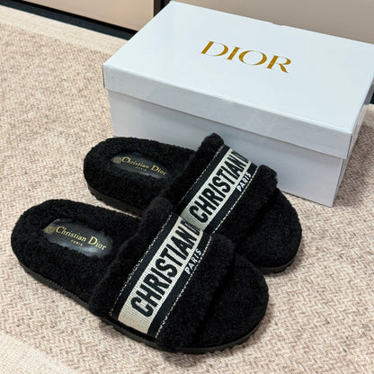 Shearling Canvas Embroidered Slides - Black