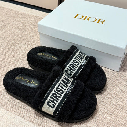 Shearling Canvas Embroidered Slides - Black