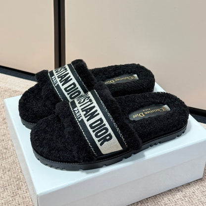 Shearling Canvas Embroidered Slides - Black