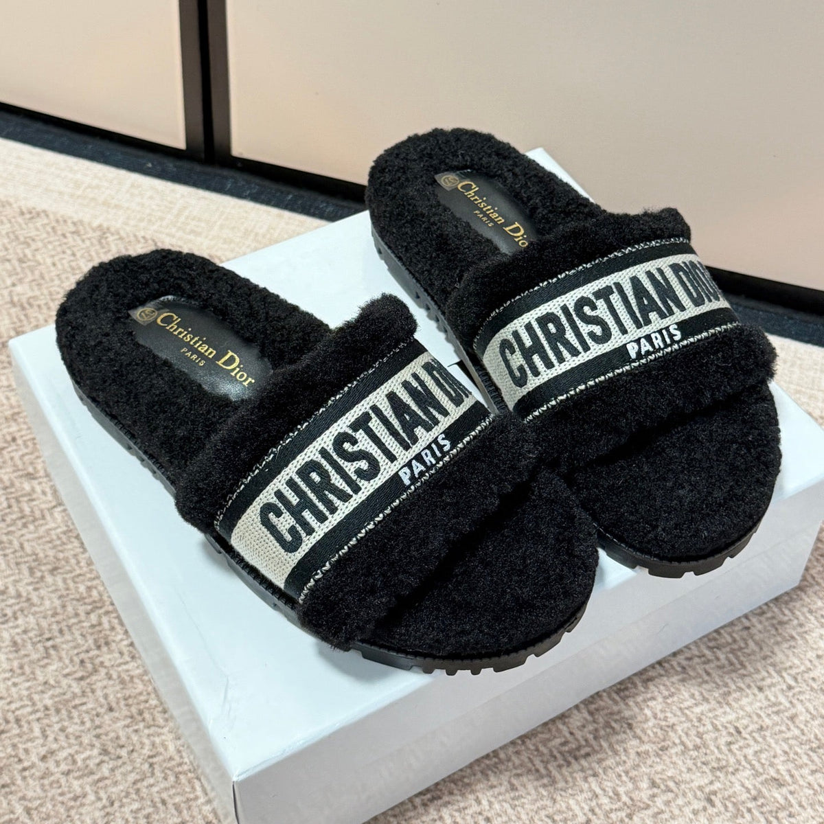 Shearling Canvas Embroidered Slides - Black