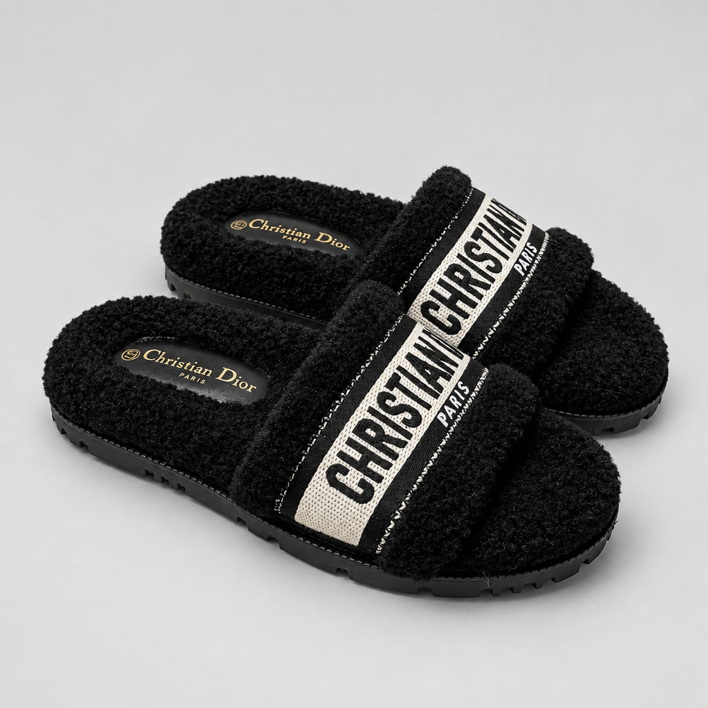 Shearling Canvas Embroidered Slides - Black