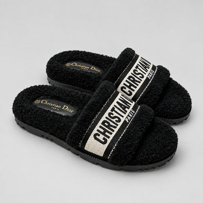 Shearling Canvas Embroidered Slides - Black