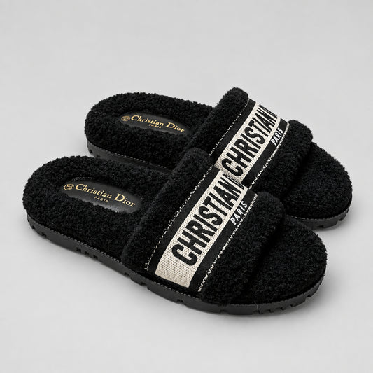 Shearling Canvas Embroidered Slides - Black