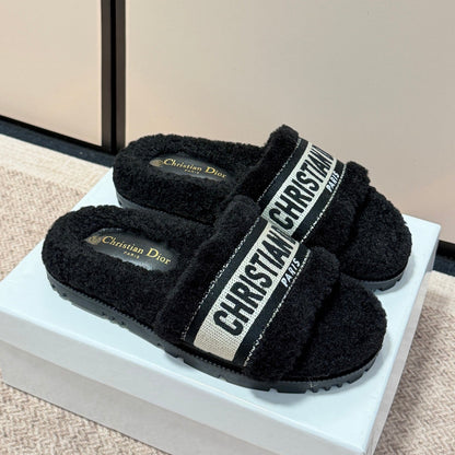 Shearling Canvas Embroidered Slides - Black