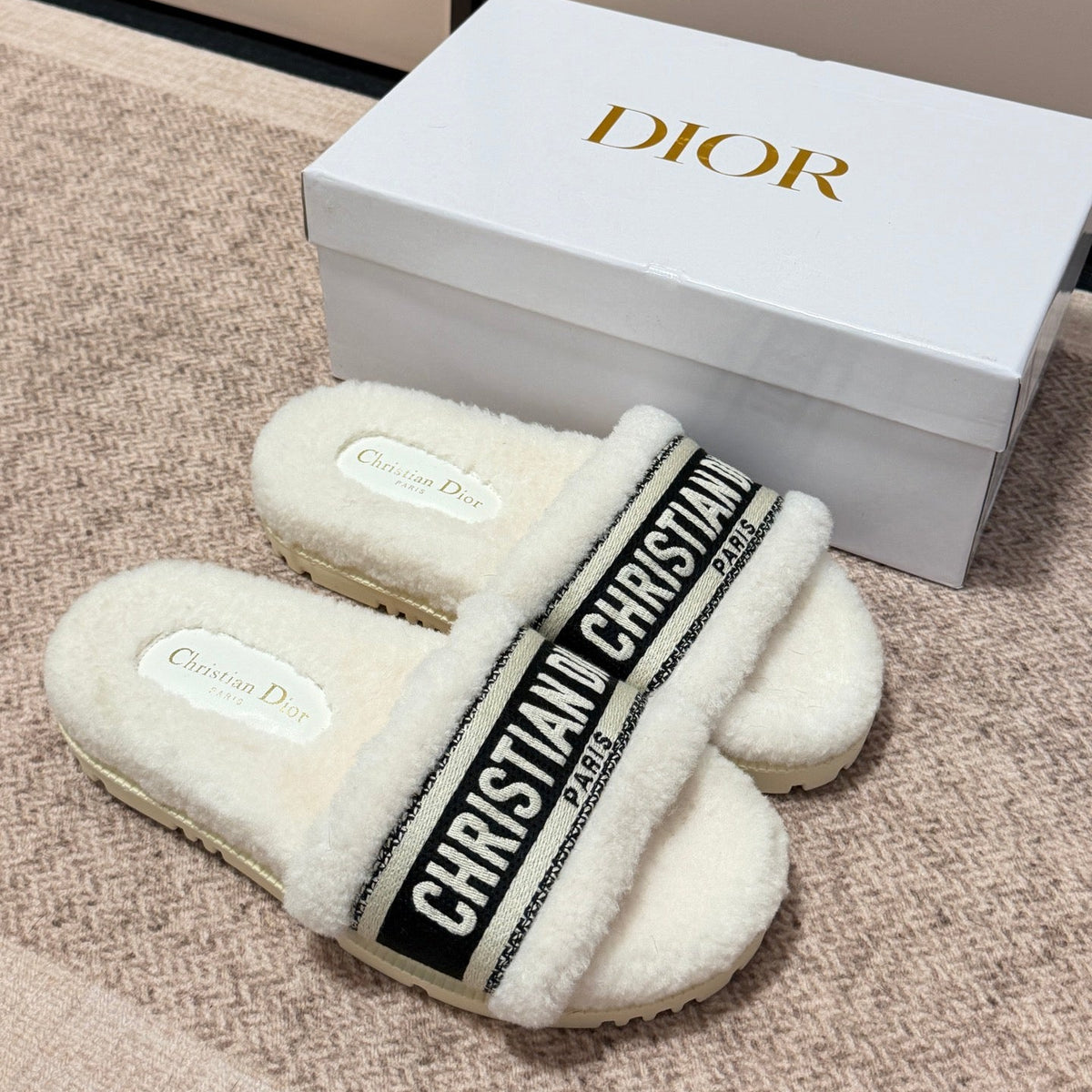 Shearling Canvas Embroidered Slides - White