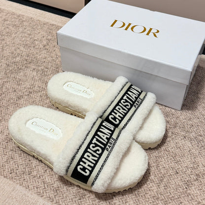 Shearling Canvas Embroidered Slides - White