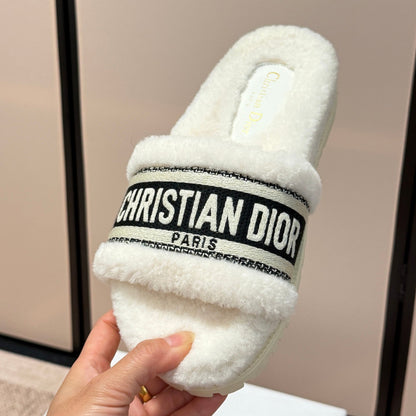Shearling Canvas Embroidered Slides - White