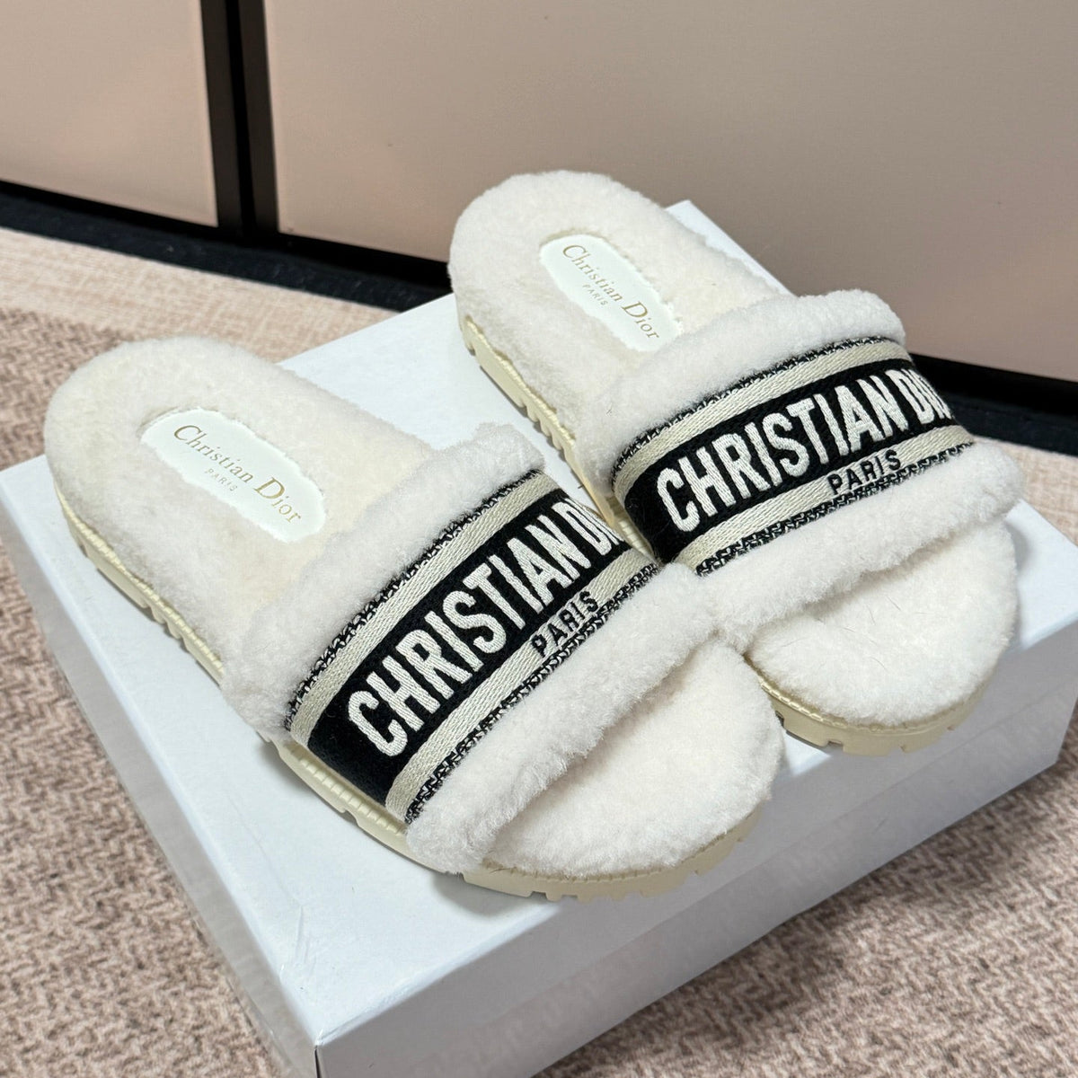 Shearling Canvas Embroidered Slides - White