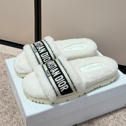 Shearling Canvas Embroidered Slides - White