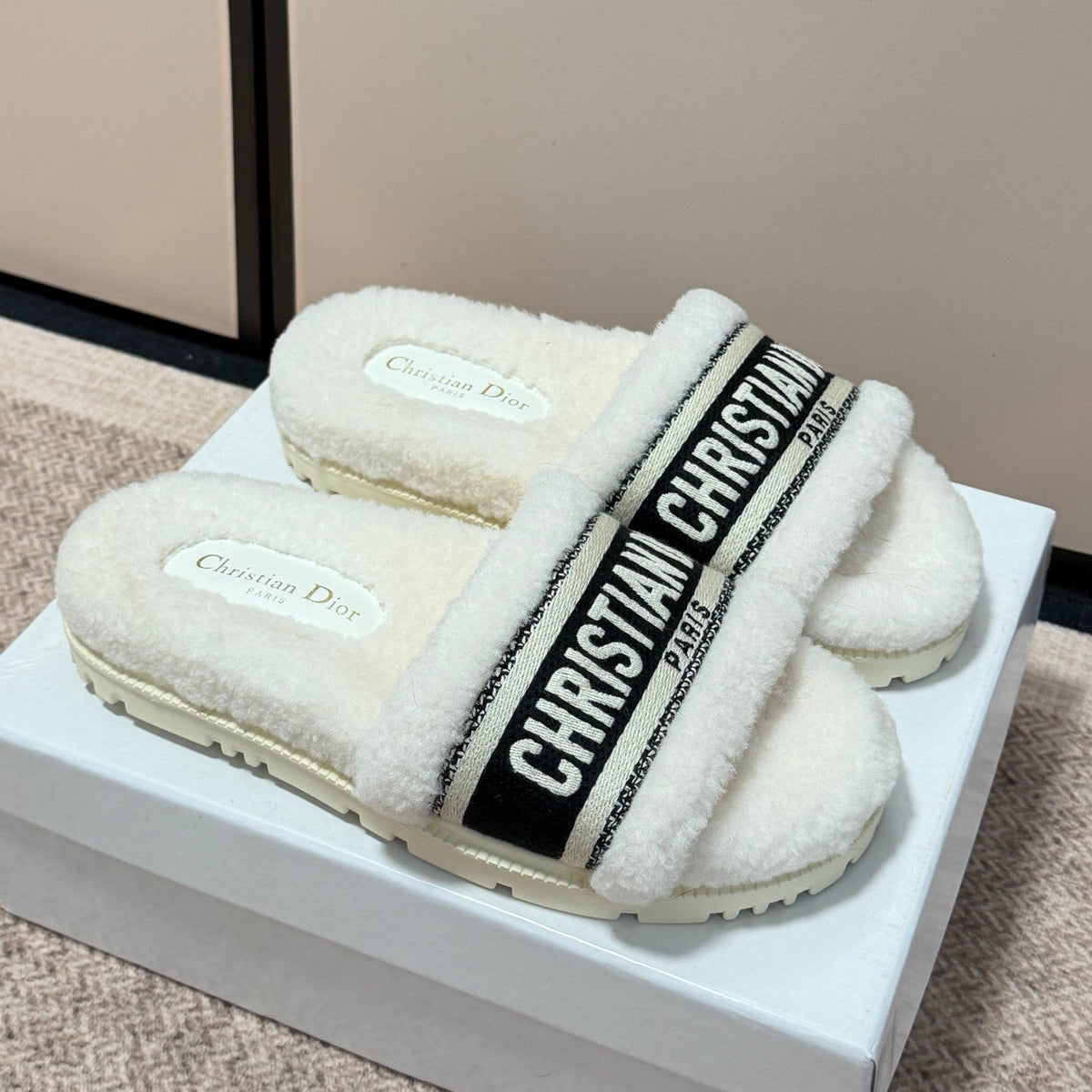 Shearling Canvas Embroidered Slides - White
