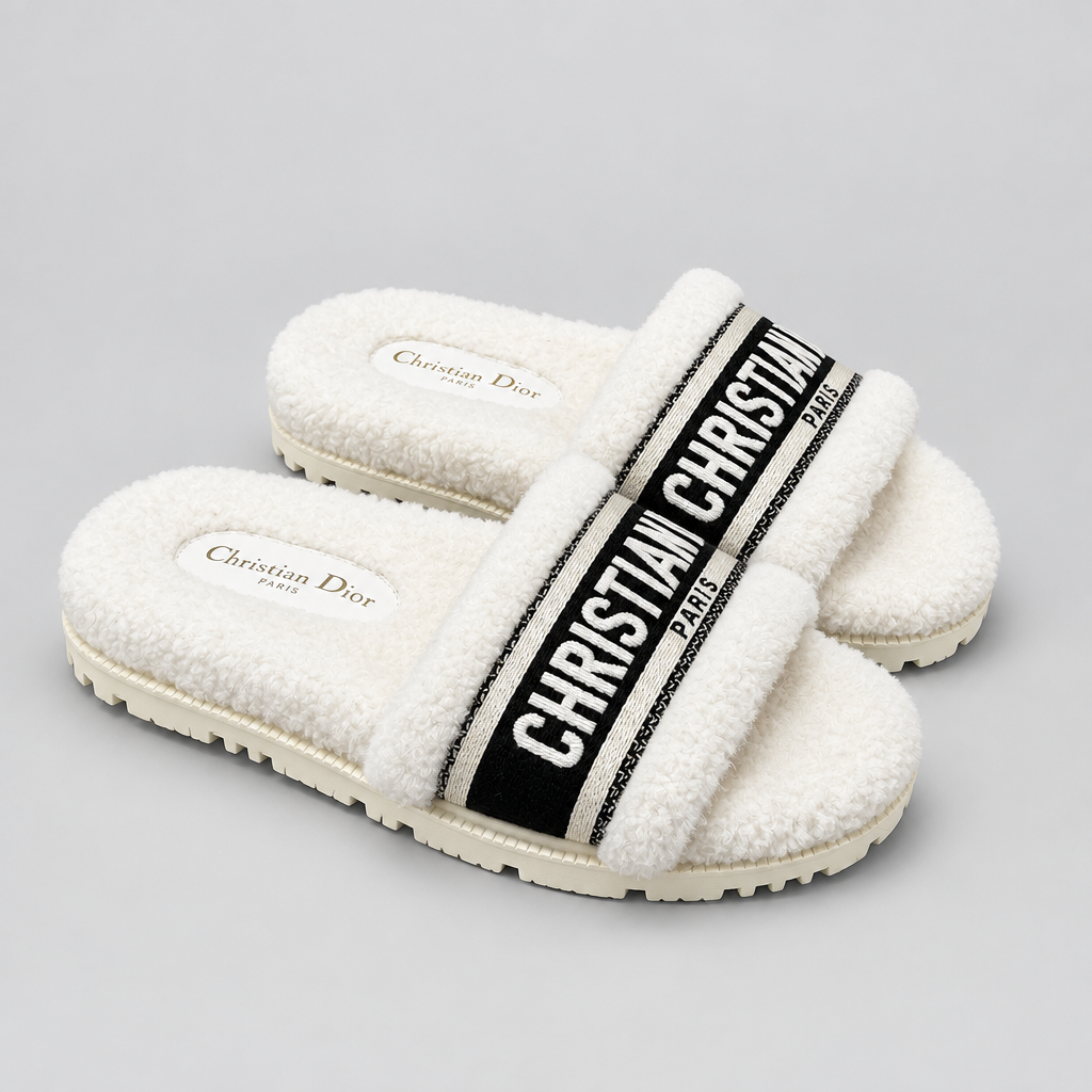 Shearling Canvas Embroidered Slides - White