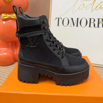 Canvas Leather Platform Desert Boots - Black