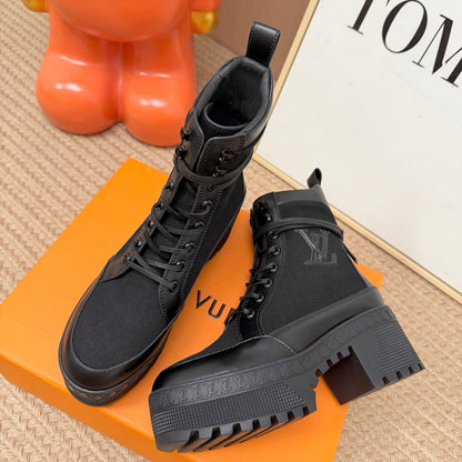 Canvas Leather Platform Desert Boots - Black