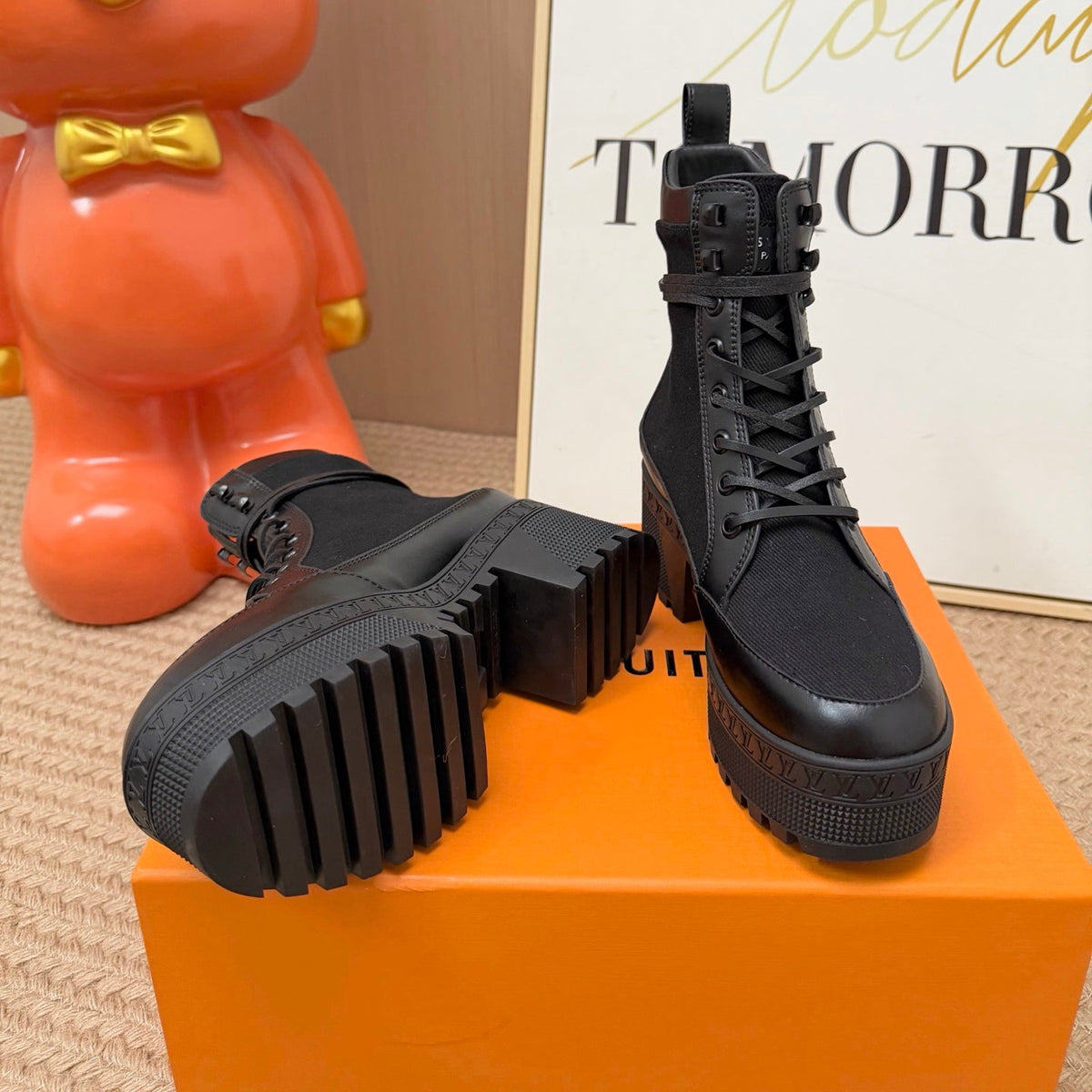 Canvas Leather Platform Desert Boots - Black