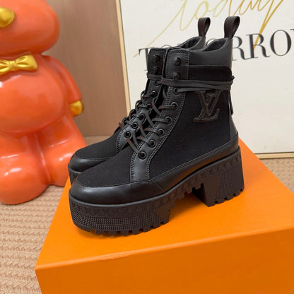Canvas Leather Platform Desert Boots - Black