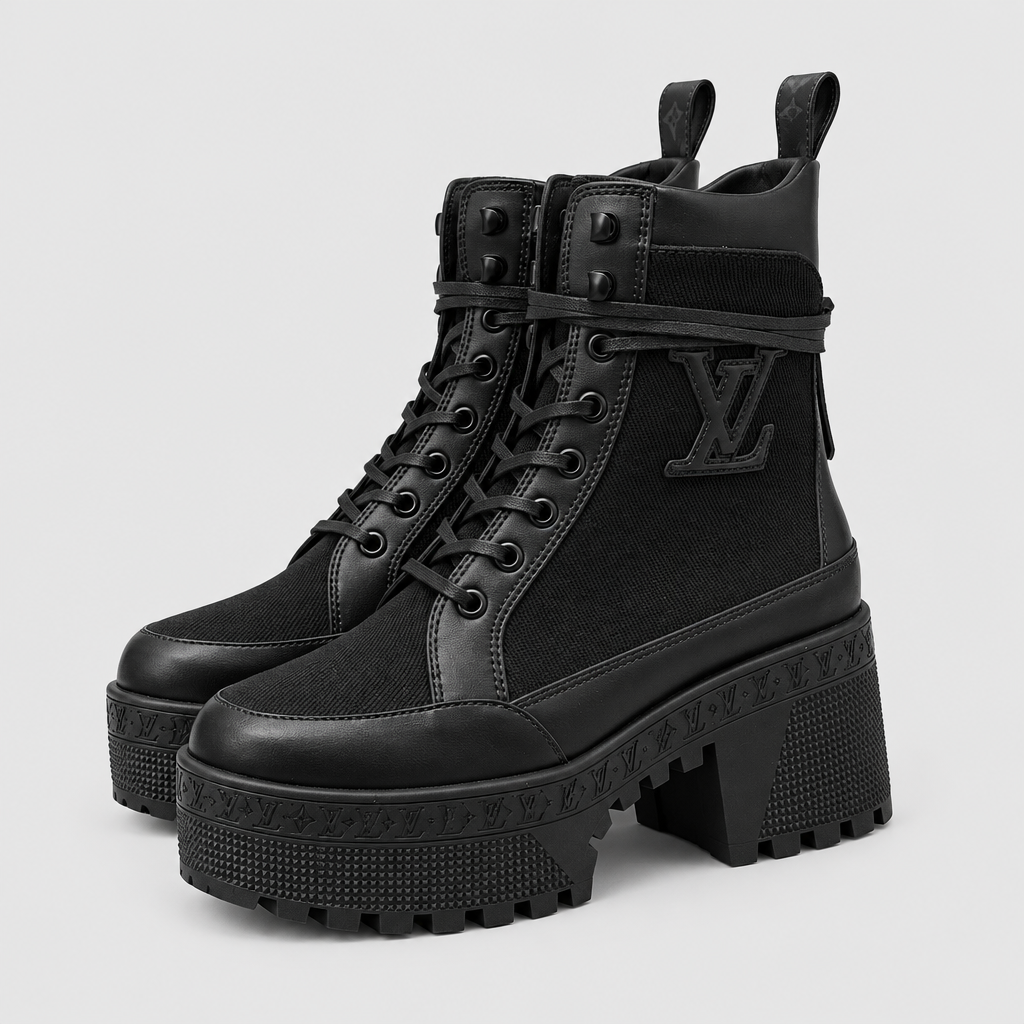 Canvas Leather Platform Desert Boots - Black