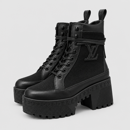 Canvas Leather Platform Desert Boots - Black