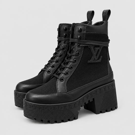 Canvas Leather Platform Desert Boots - Black