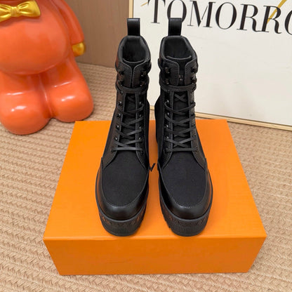 Canvas Leather Platform Desert Boots - Black